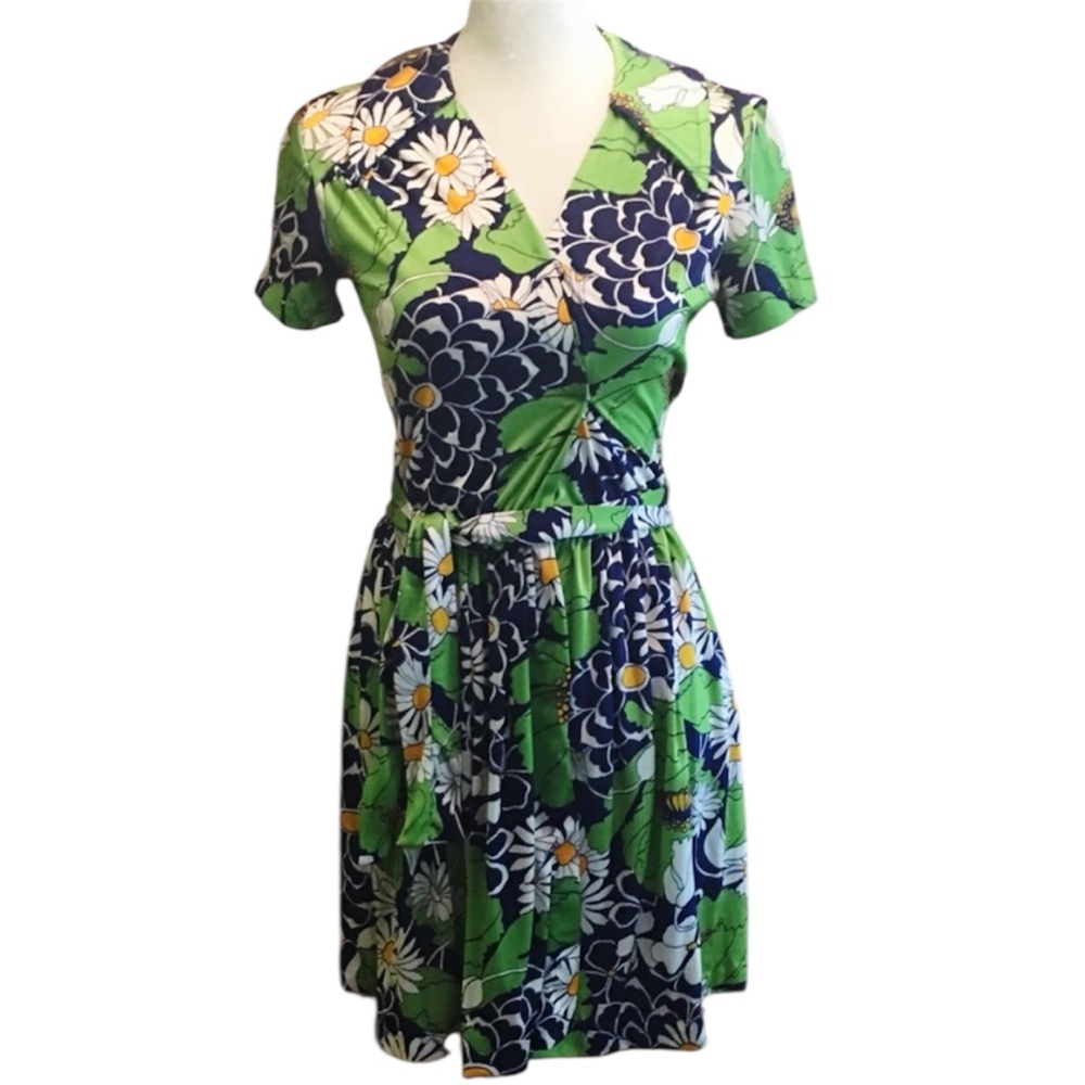 Vintage Tropical Floral Daisy Green and Blue Mini Wrap Dress Women’s XS/ Small
